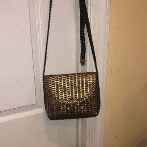 CEM crossbody bag 7x8” bronze/gold woven leather magnetic snap closure